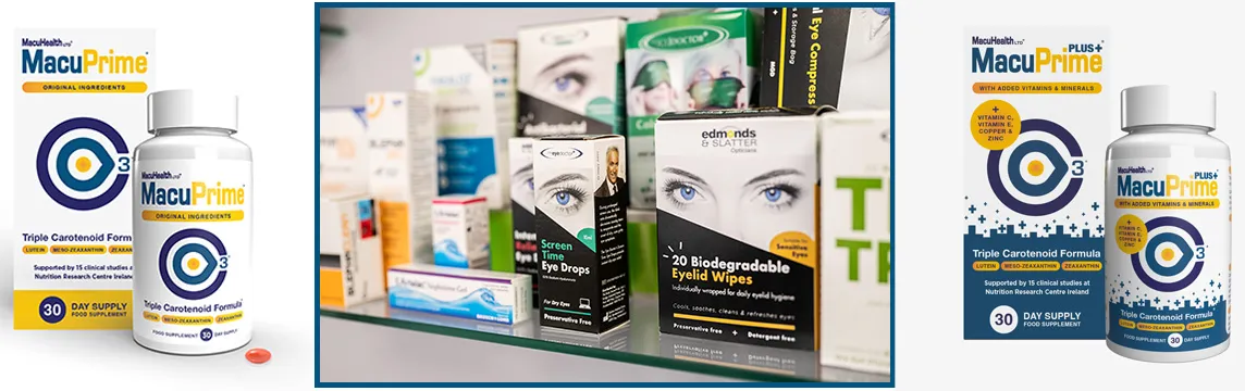 MacuPrime and MacuPrime Plus eye health supplements and biodegradeable eyelid wipes on a shelf.