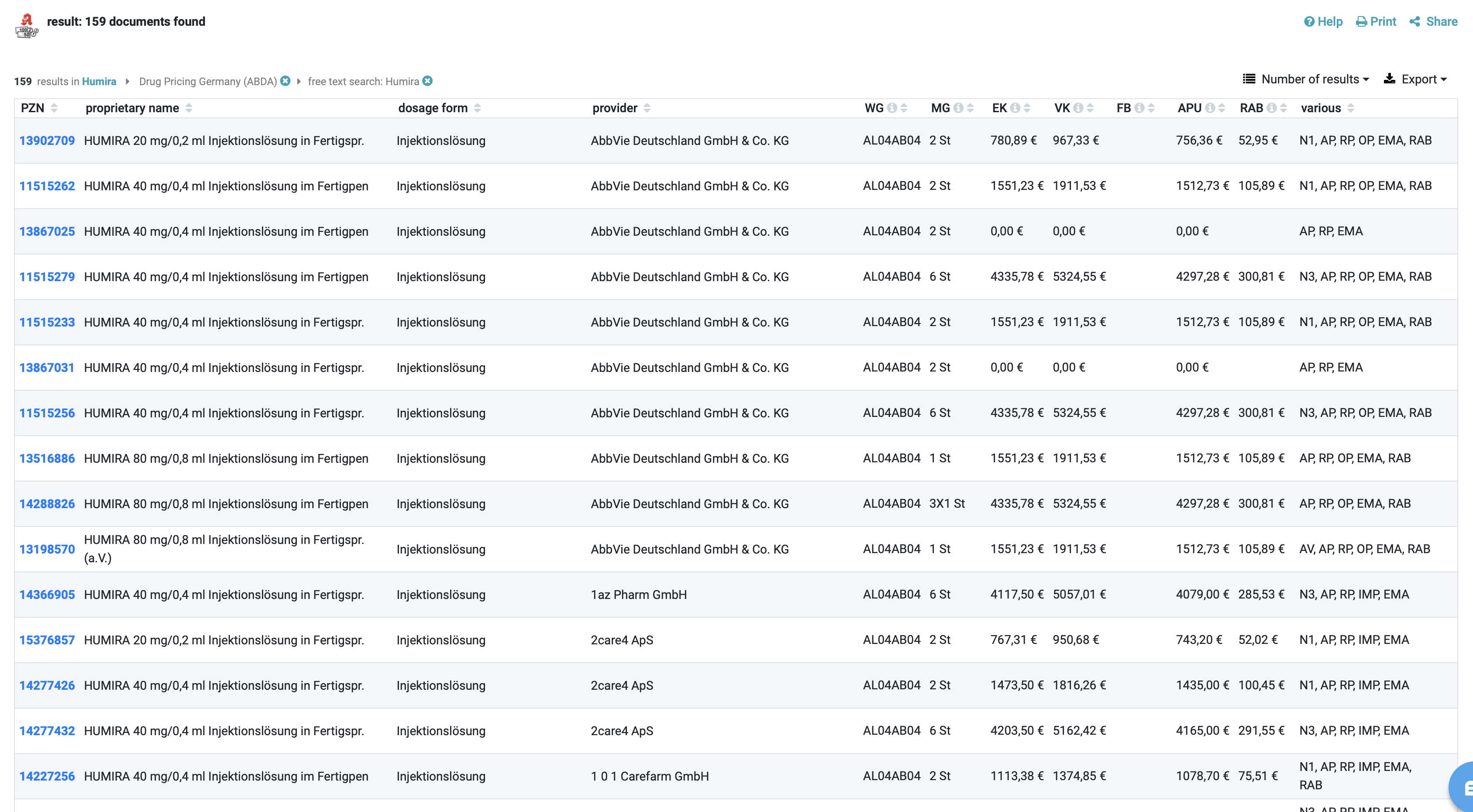 Result list for a product search in the Drug Pricing Germany Tool
