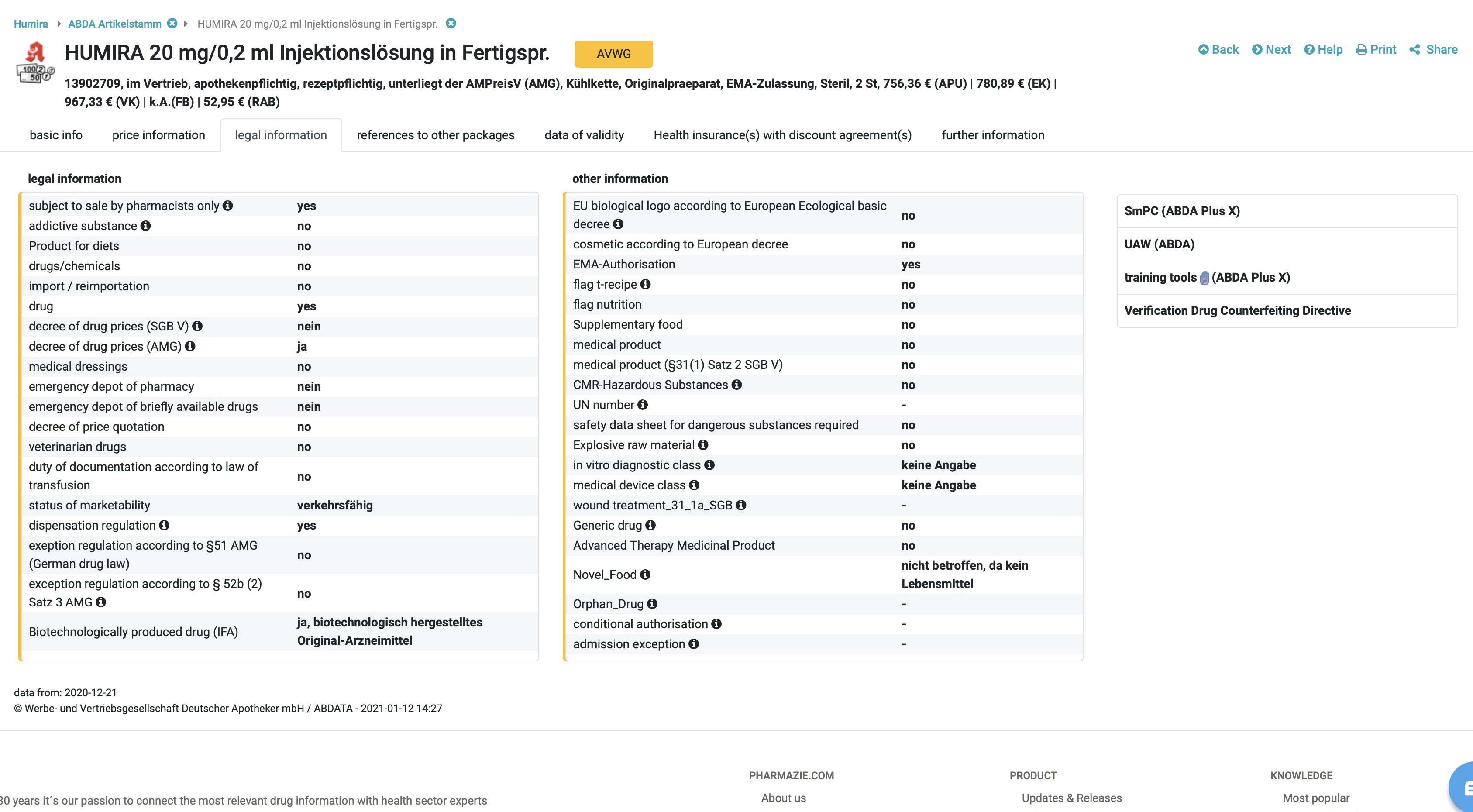 Legal information for a product in the Drug Pricing Germany Tool