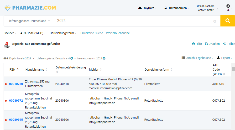 Filter your own PZN house list for shortages