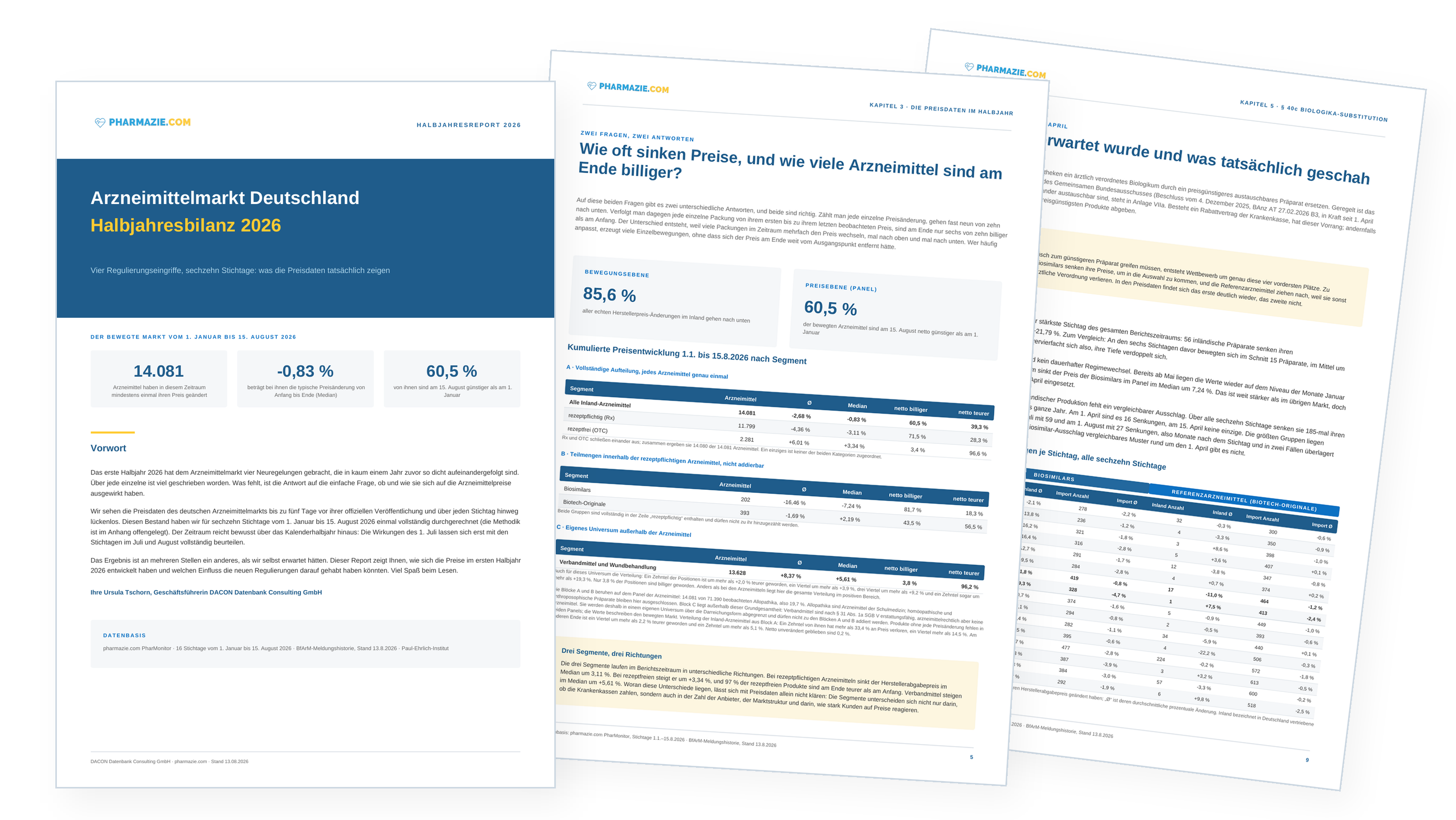 Titelseite und zwei Innenseiten der pharmazie.com Halbjahresbilanz 2026, freigestellt