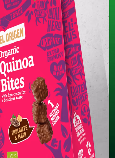 Verpackung von Organic Quinoa Bites mit Kakaogeschmack, vegan, glutenfrei, ohne zugesetzten Zucker.