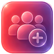 Drei stilisierte Personen im lila-roten, quadratischen Icon mit einem Pluszeichen. Symbol für Gemeinschaft oder Hinzufügen.
