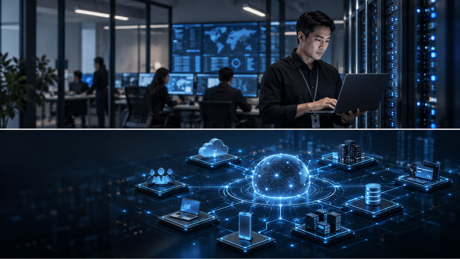 Security operations team monitoring systems alongside a connected network illustration