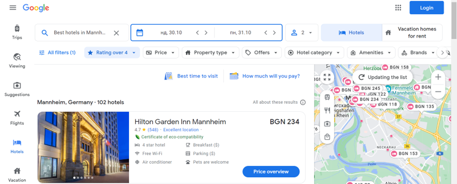Aperçu de Google Hotels