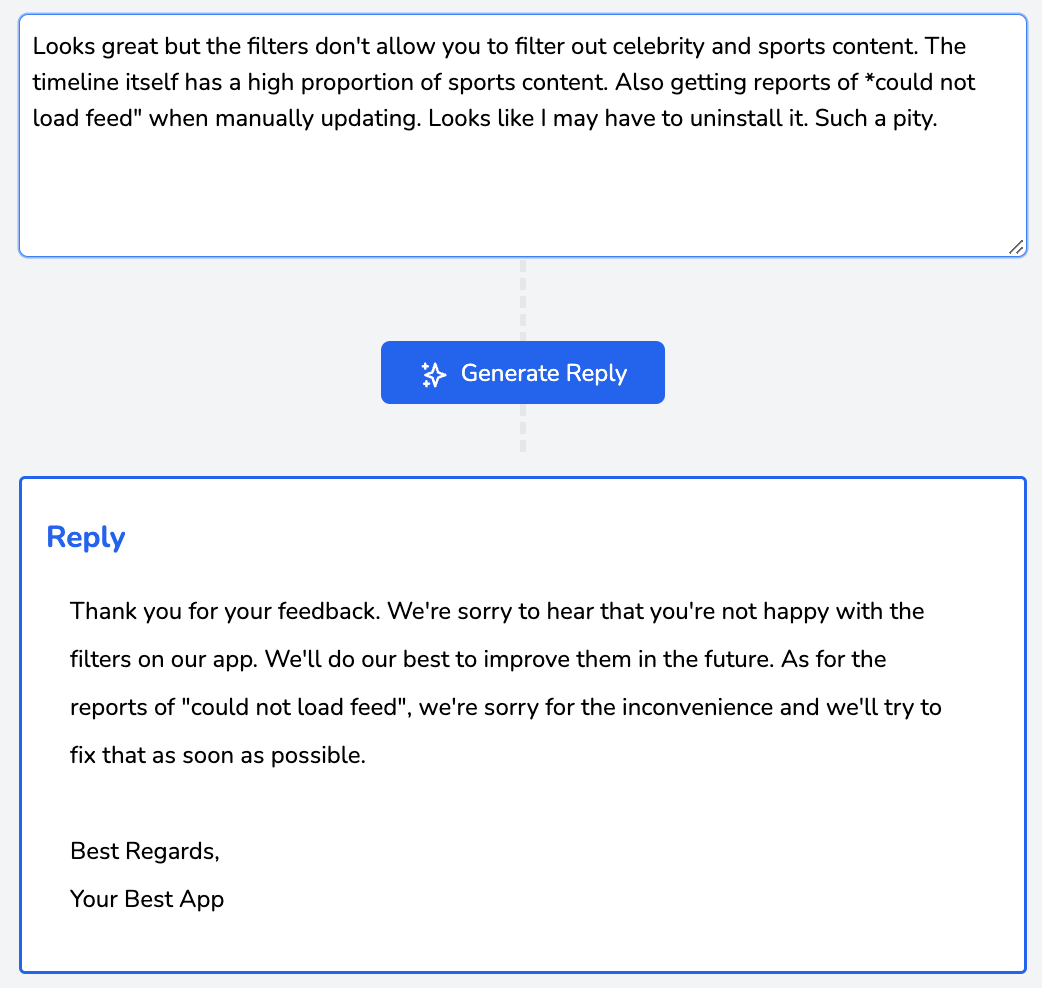 Beispiel für eine Antwort auf eine App-Store-Rezension