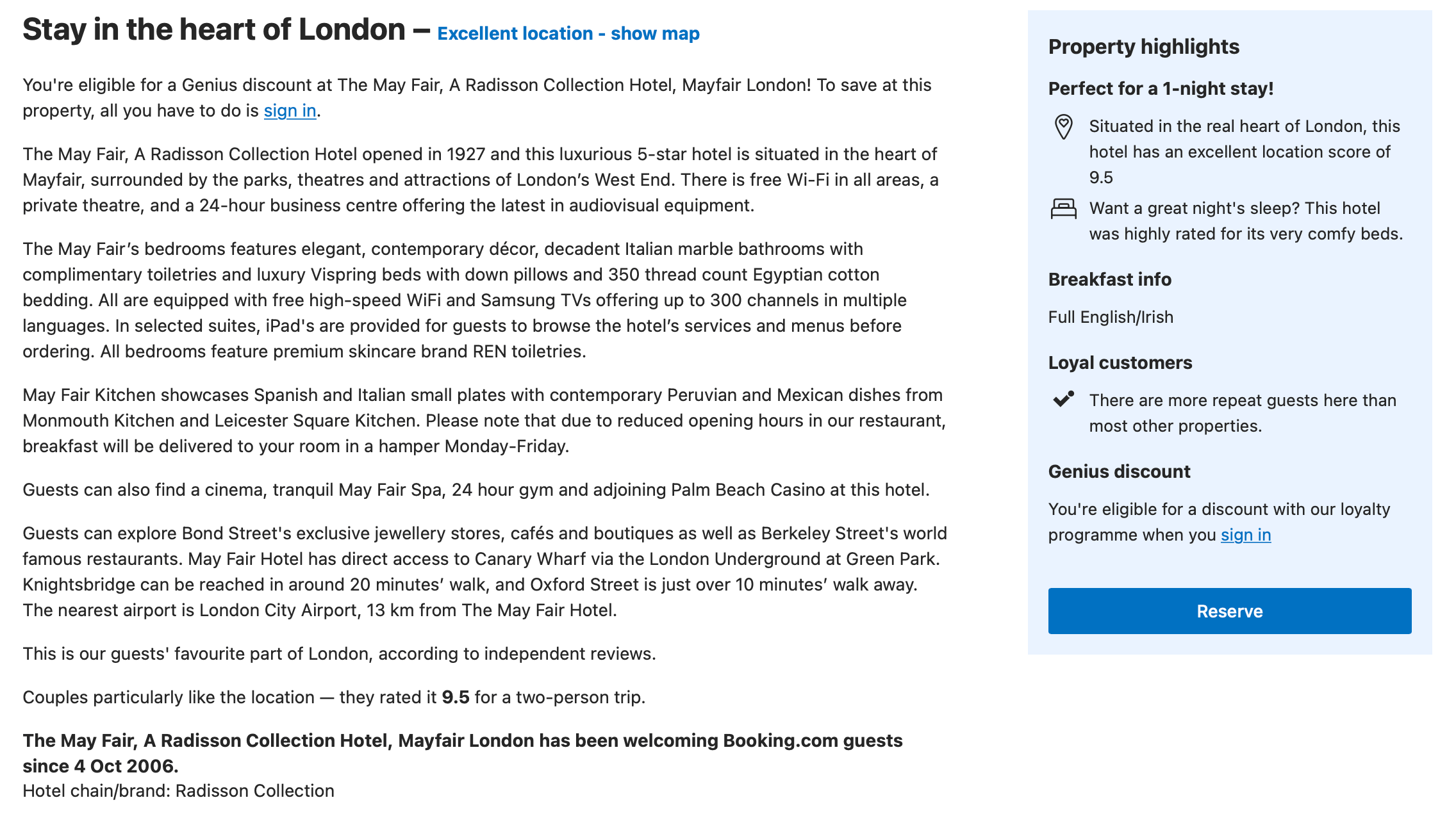 Ejemplo de excelente descripción personalizada de hotel para reservar