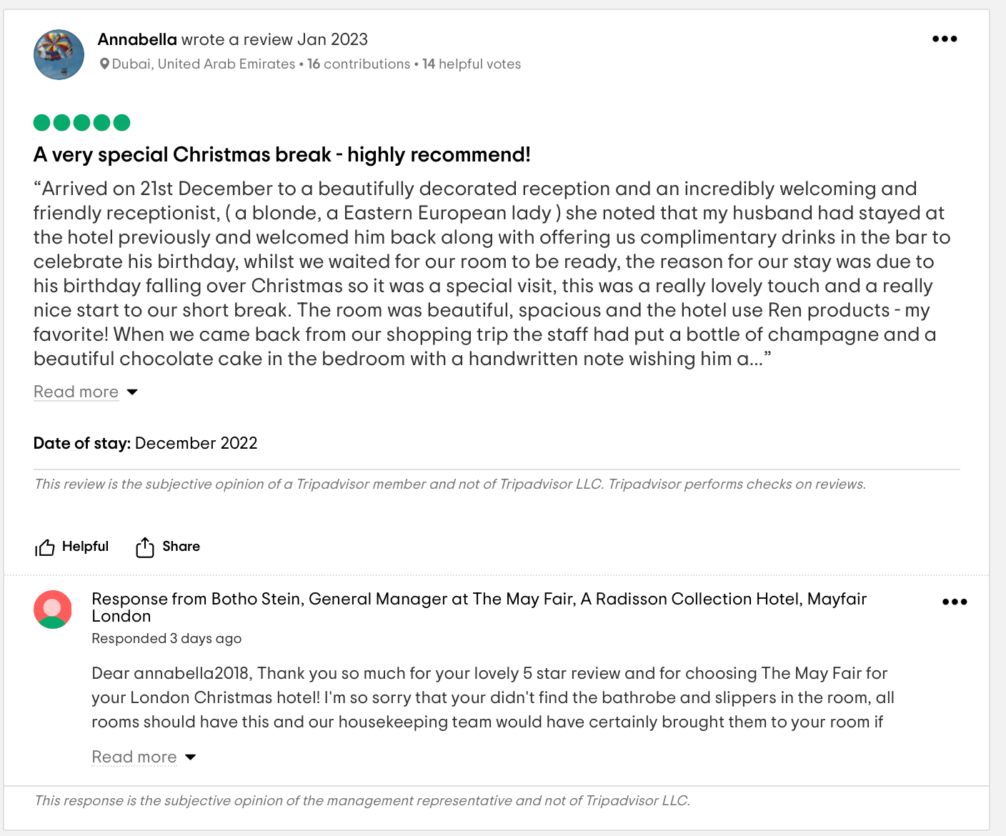 risposta personalizzata generata dall'intelligenza artificiale alla recensione di TripAdvisor