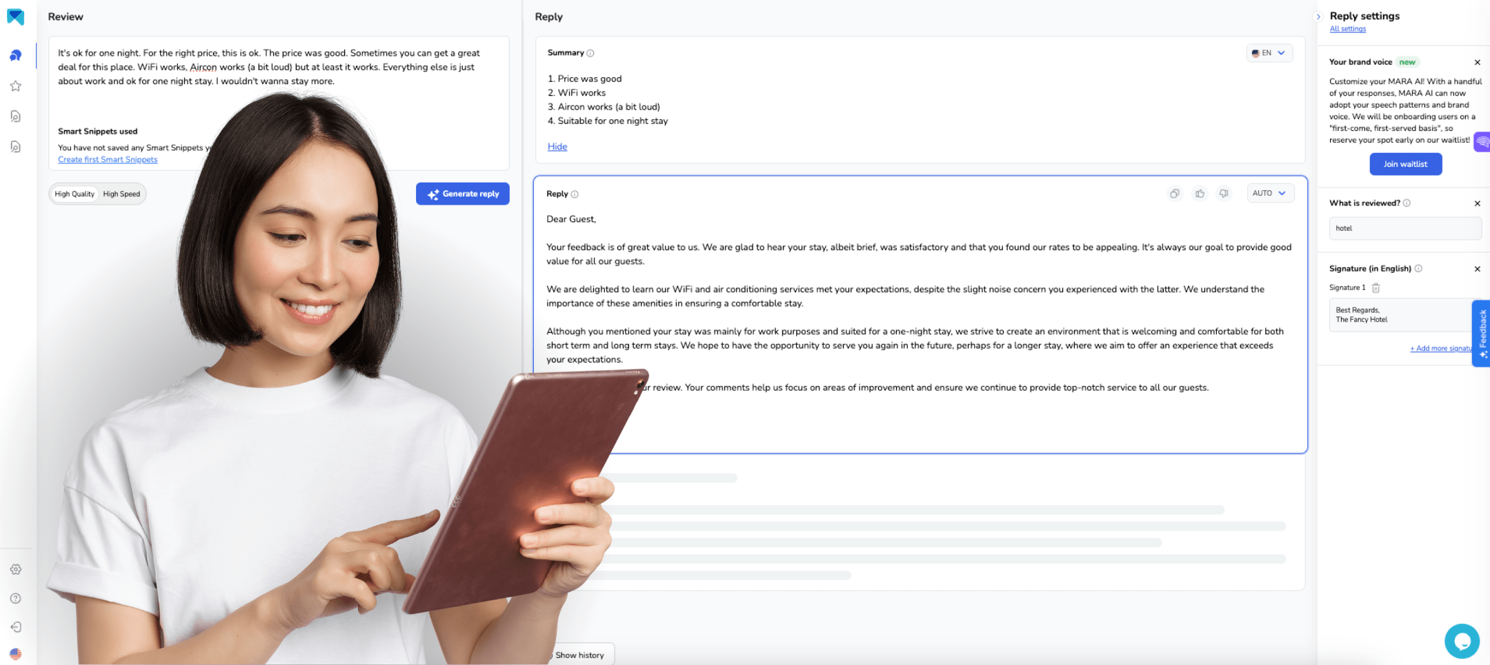 Utilice el generador de respuestas a reseñas MARA AI para su negocio