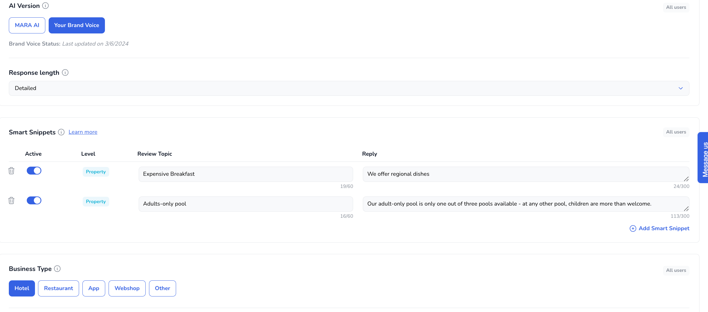 Smart Snippets dal generatore di risposte alle recensioni MARA AI