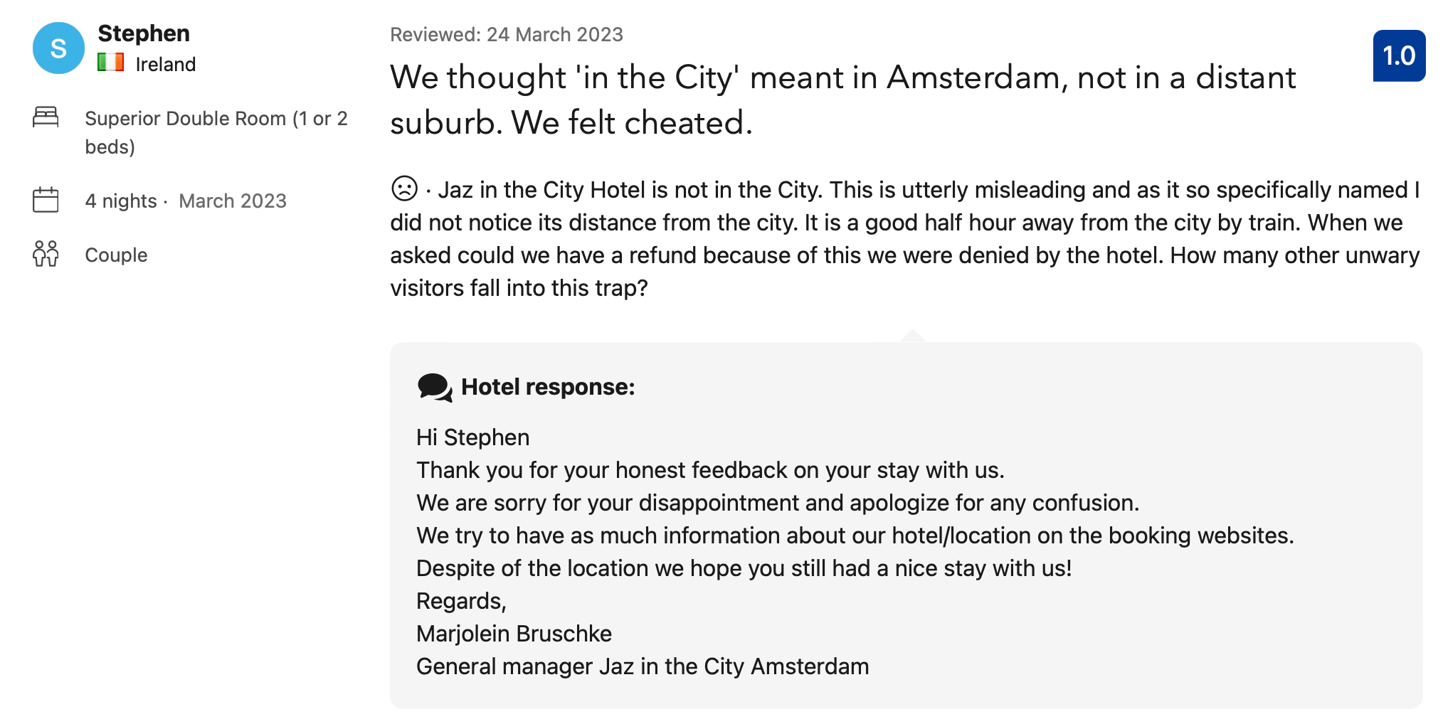 Ejemplo de respuesta bien redactada a una reseña negativa en Booking.com