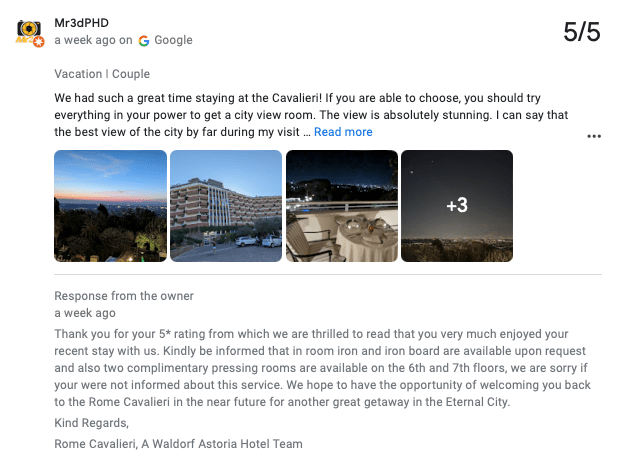 screenshot della risposta a una recensione di Google