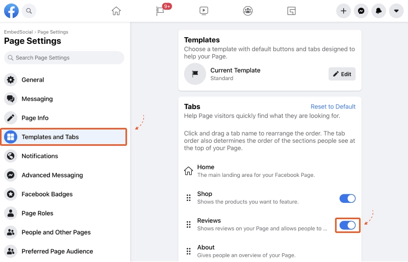 Attivazione delle recensioni di Facebook
