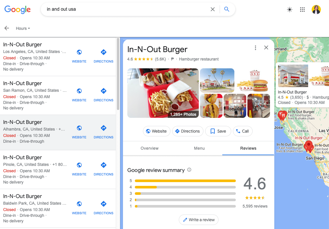 Screenshot di In-N-Out recensioni di Google