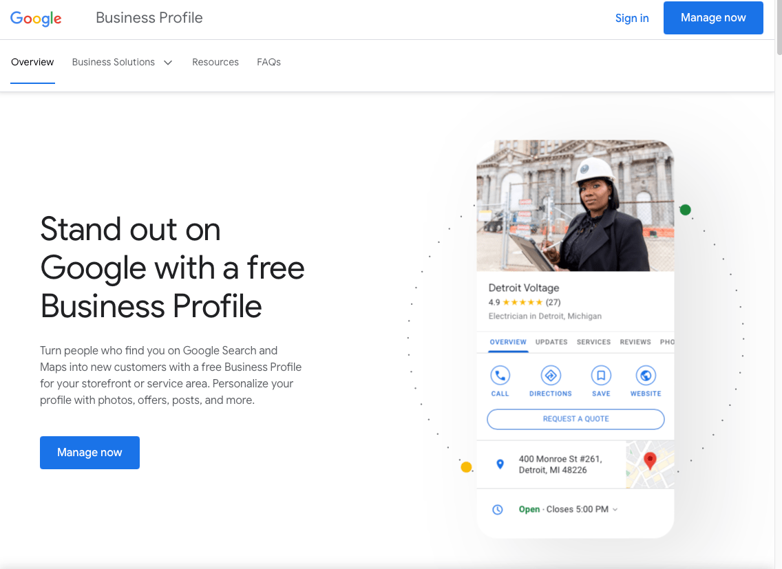 Home page del profilo aziendale di Google