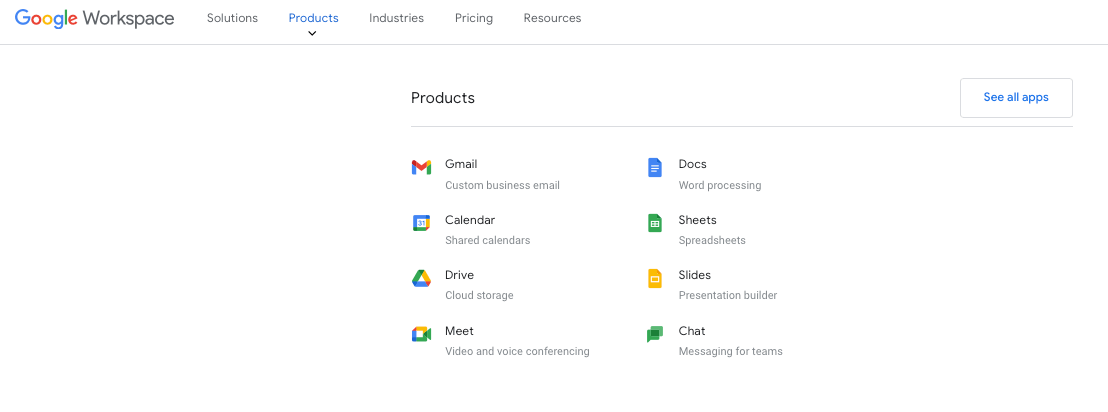 Screenshot von Google Workspace-Apps und -Tools 
