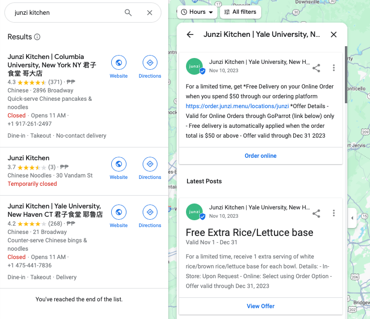 screenshot junzi kitchen google posts
