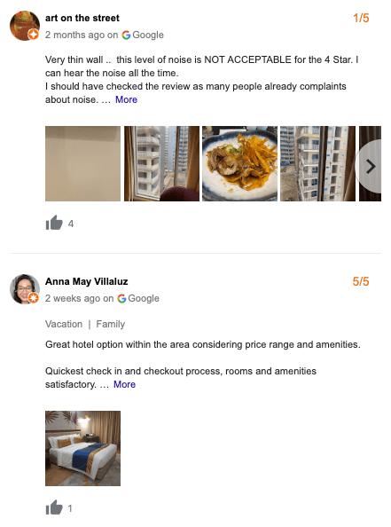 screenshot di una recensione negativa di Google per un hotel