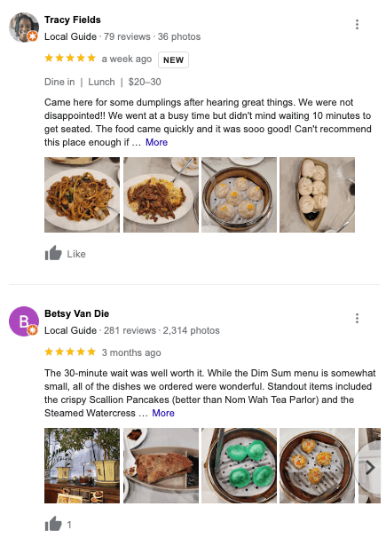 screenshot delle recensioni Google pertinenti in base al tempo
