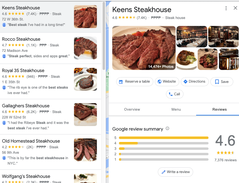 screenshot di Google Business Keens Steakhouse