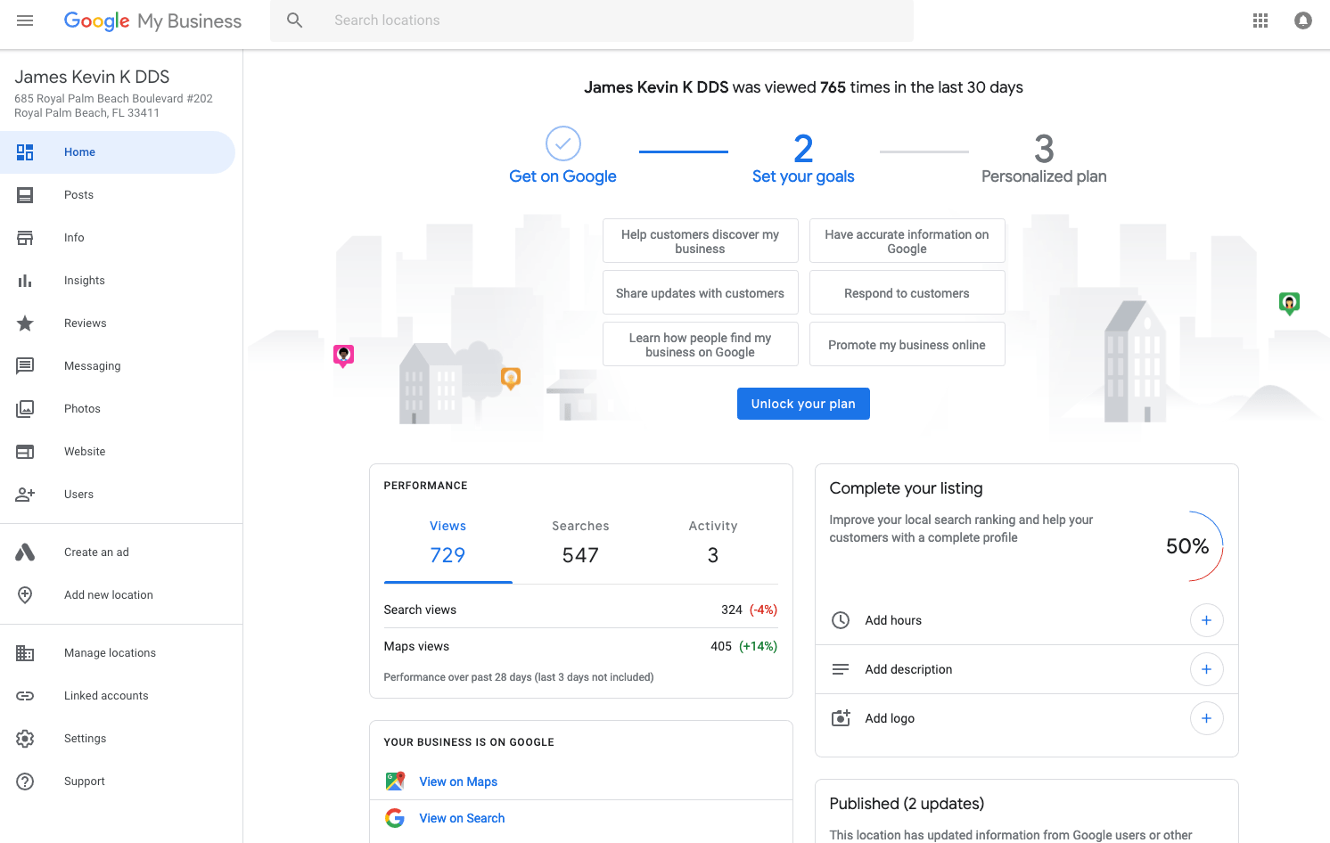 Exemple de tableau de bord Google My Business