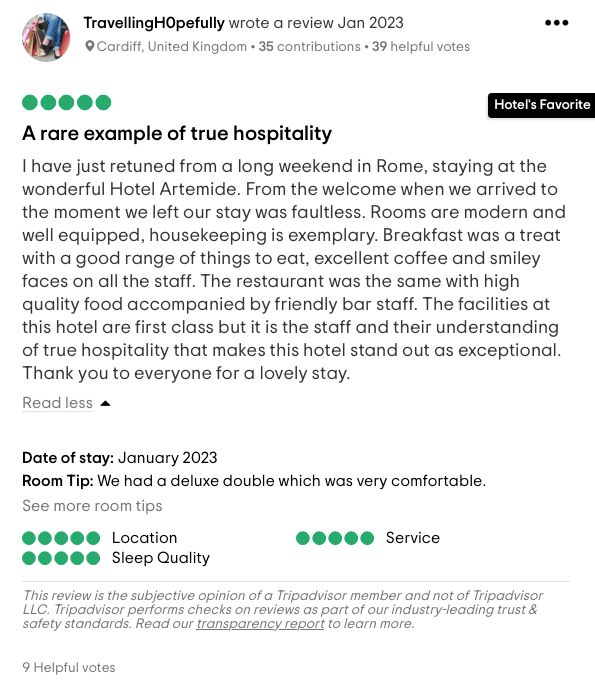 screenshot recensione positiva tripadvisor