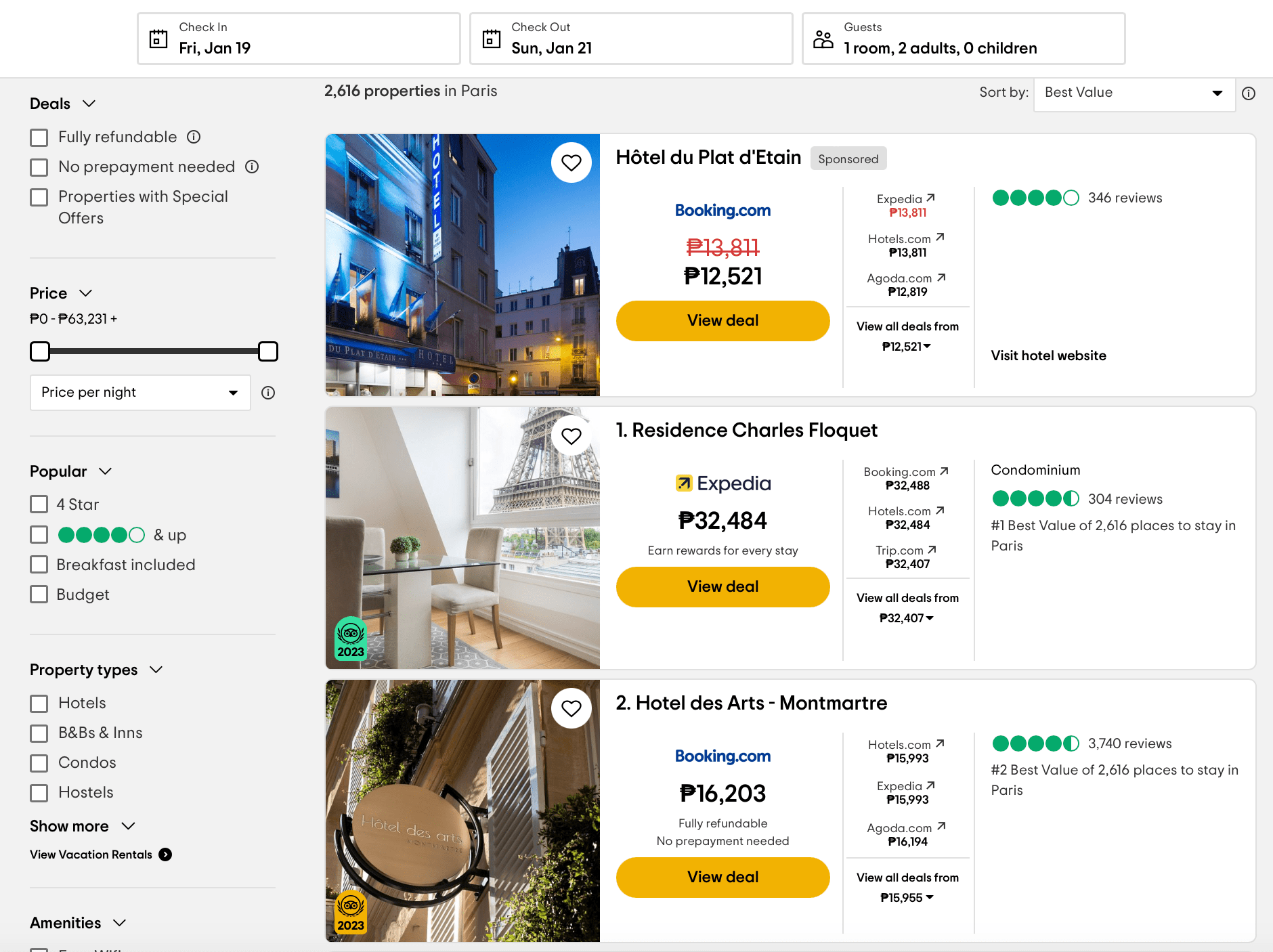 esempio di screenshot di una ricerca su TripAdvisor