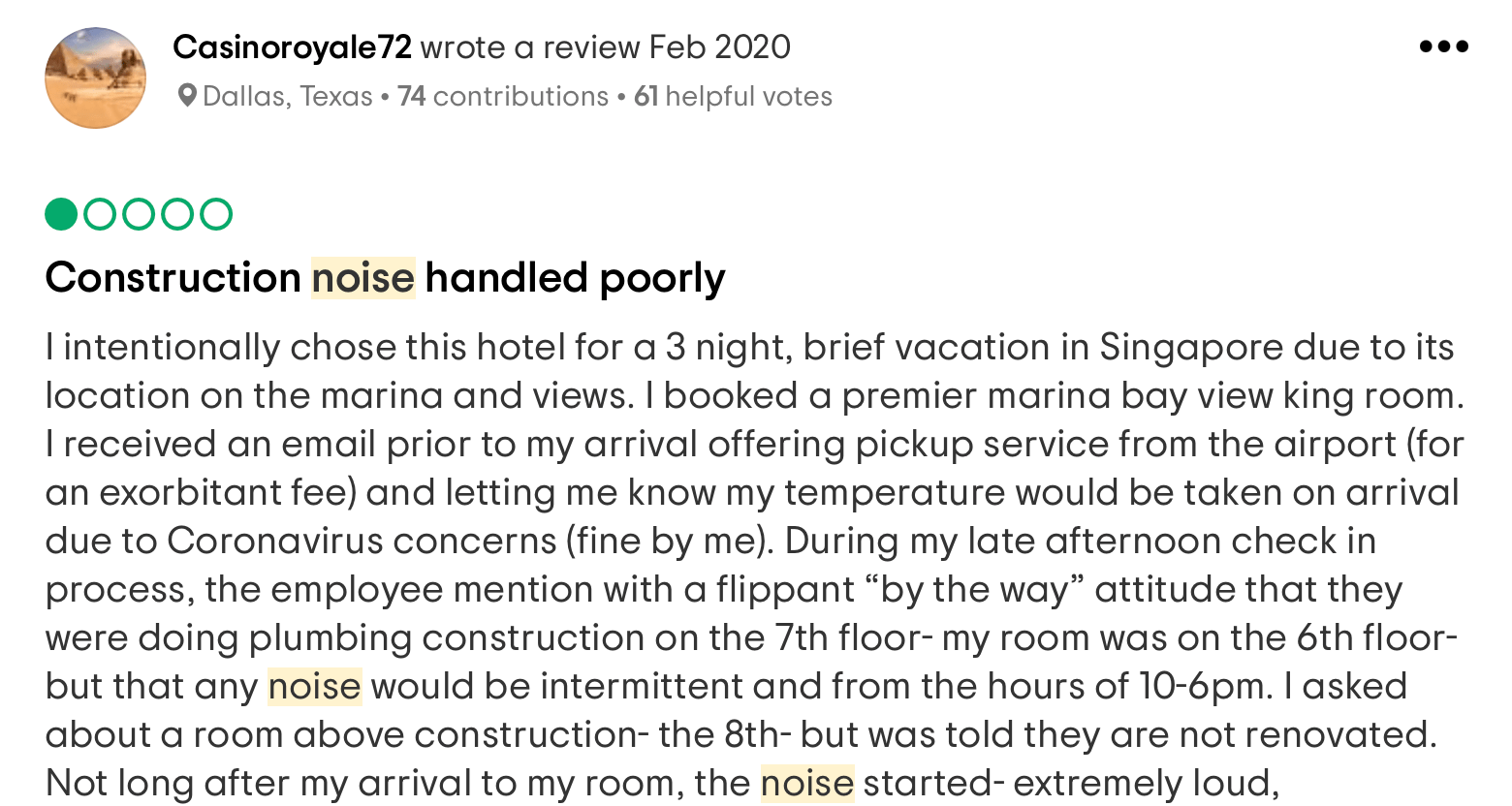 screenshot reclamo rumore di costruzione hotel