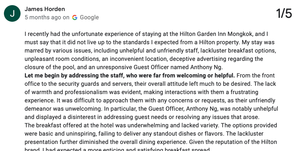recensioni di Google lamentano che gli ospiti non sono stati accolti adeguatamente