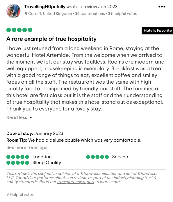 screenshot del feedback di TripAdvisor per un hotel