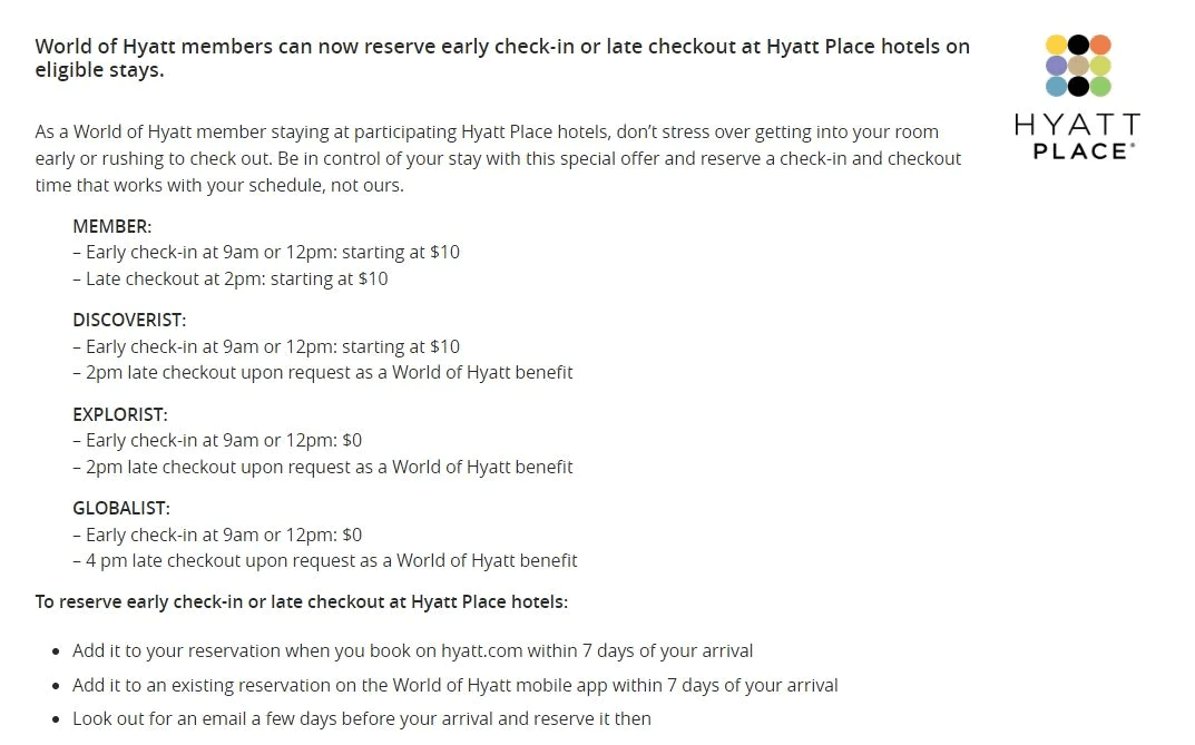 opzione check-in anticipato Hyatt Place