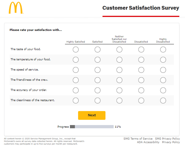sample of a customer satisfaction survey mcdonalds
