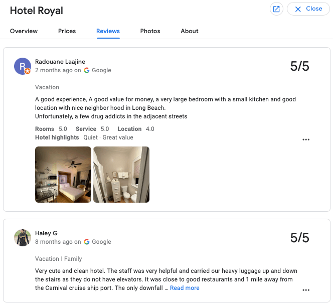 esempio di una recensione a 5 stelle