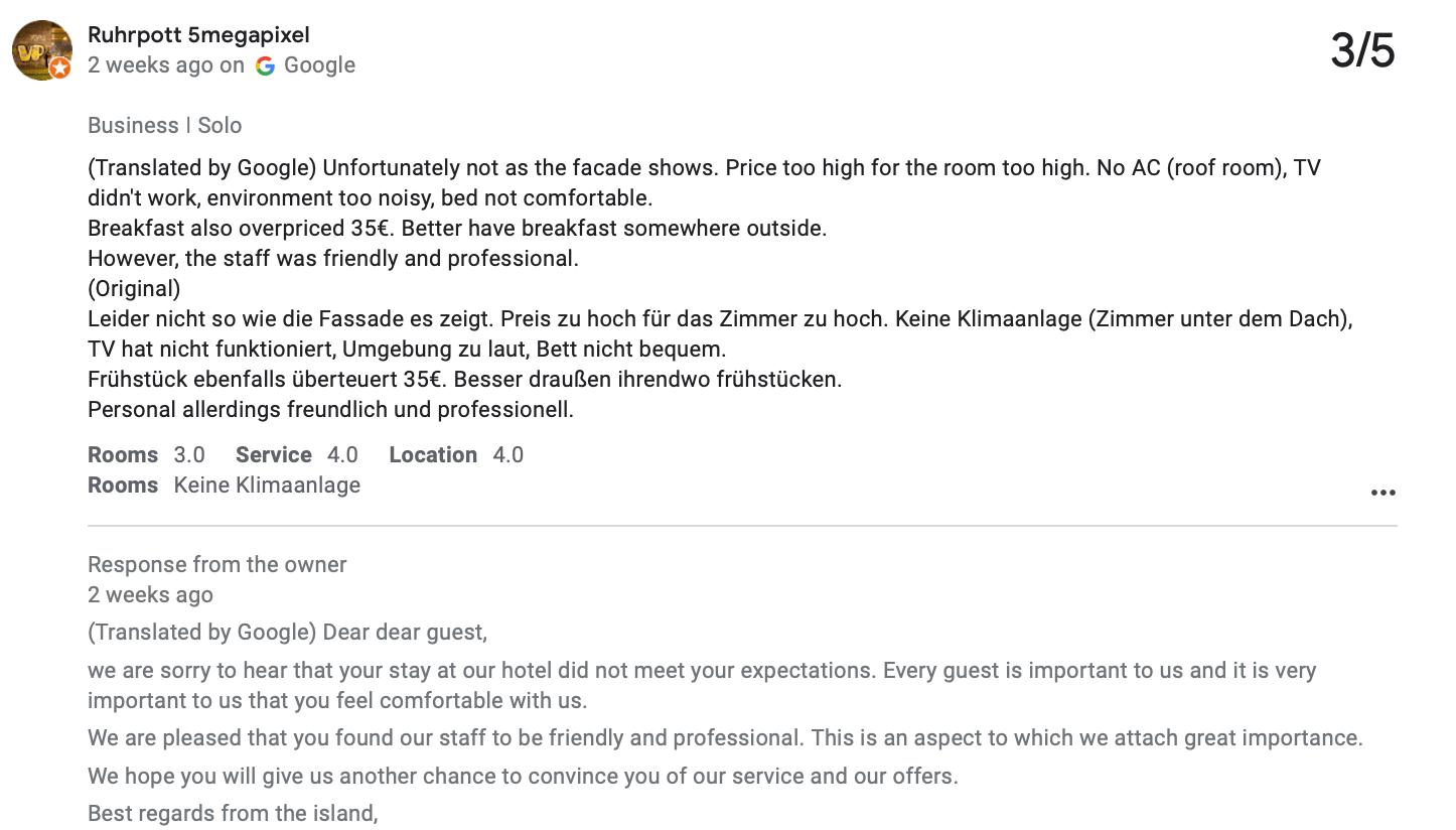 screenshot di esempio di risposta ben scritta al reclamo dell'ospite, recensioni di Google sull'hotel