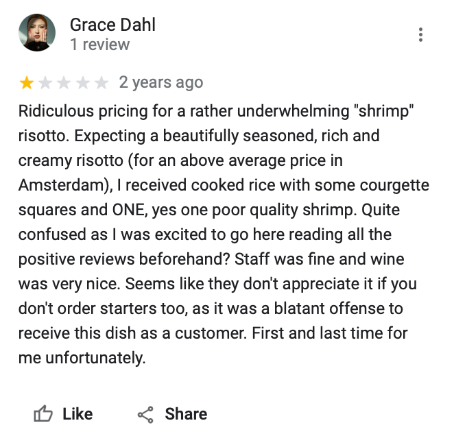 screenshot di esempio reclamo elenco ristorante Google My Business