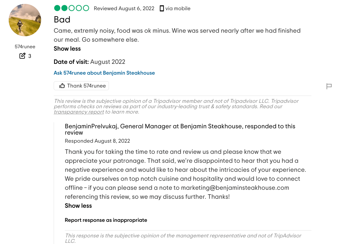 screenshot di esempio recensione negativa ristorante tripadvisor tempo di risposta veloce