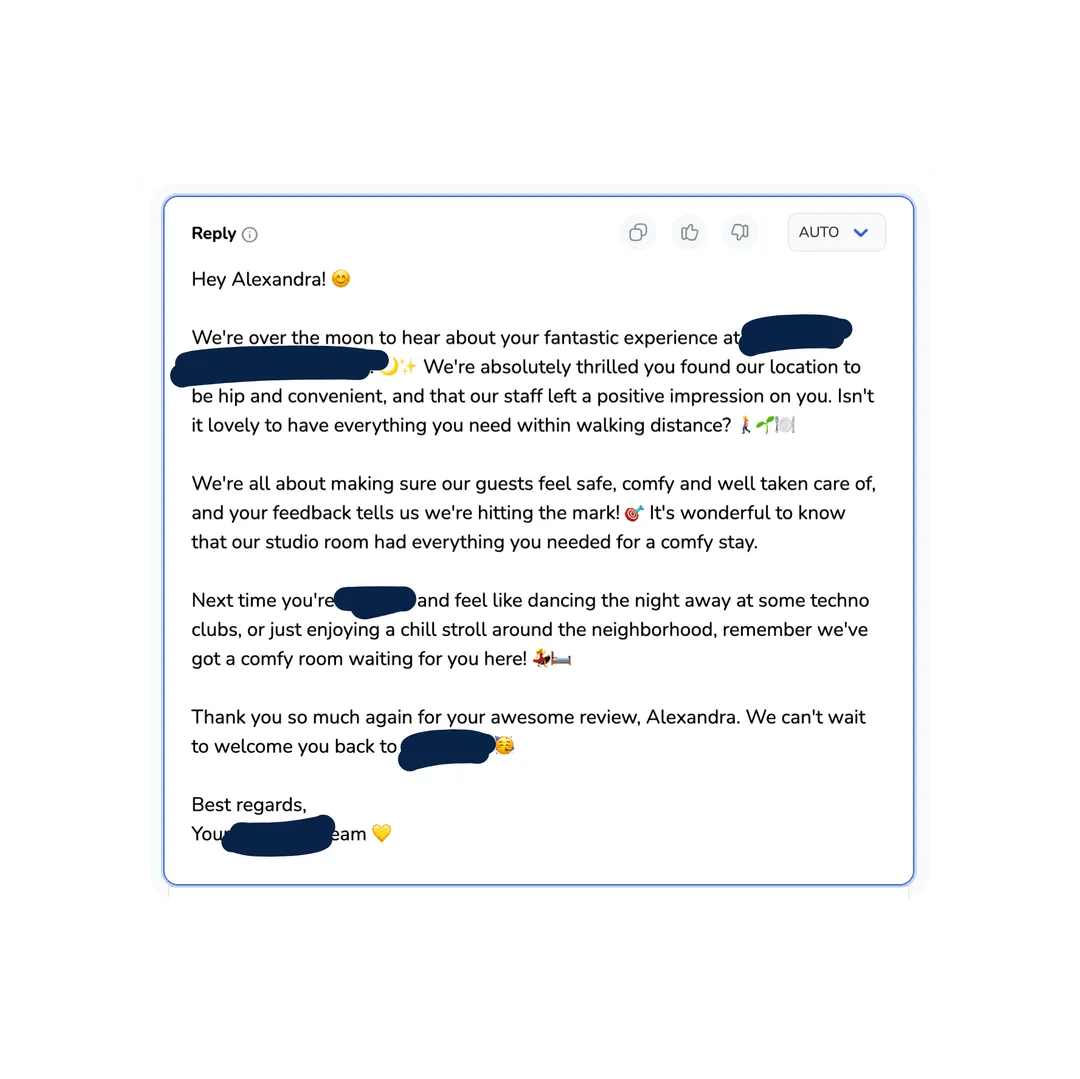 esempio di risposta personalizzata alla recensione MARA AI