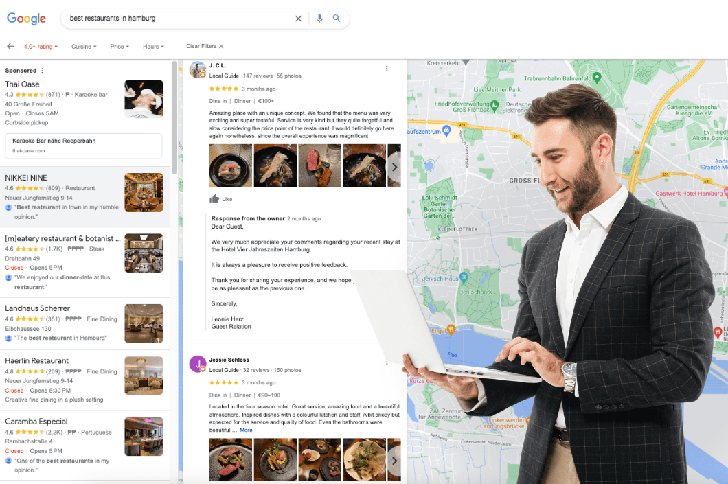 screenshot di un uomo che usa uno strumento di intelligenza artificiale per le recensioni di Google