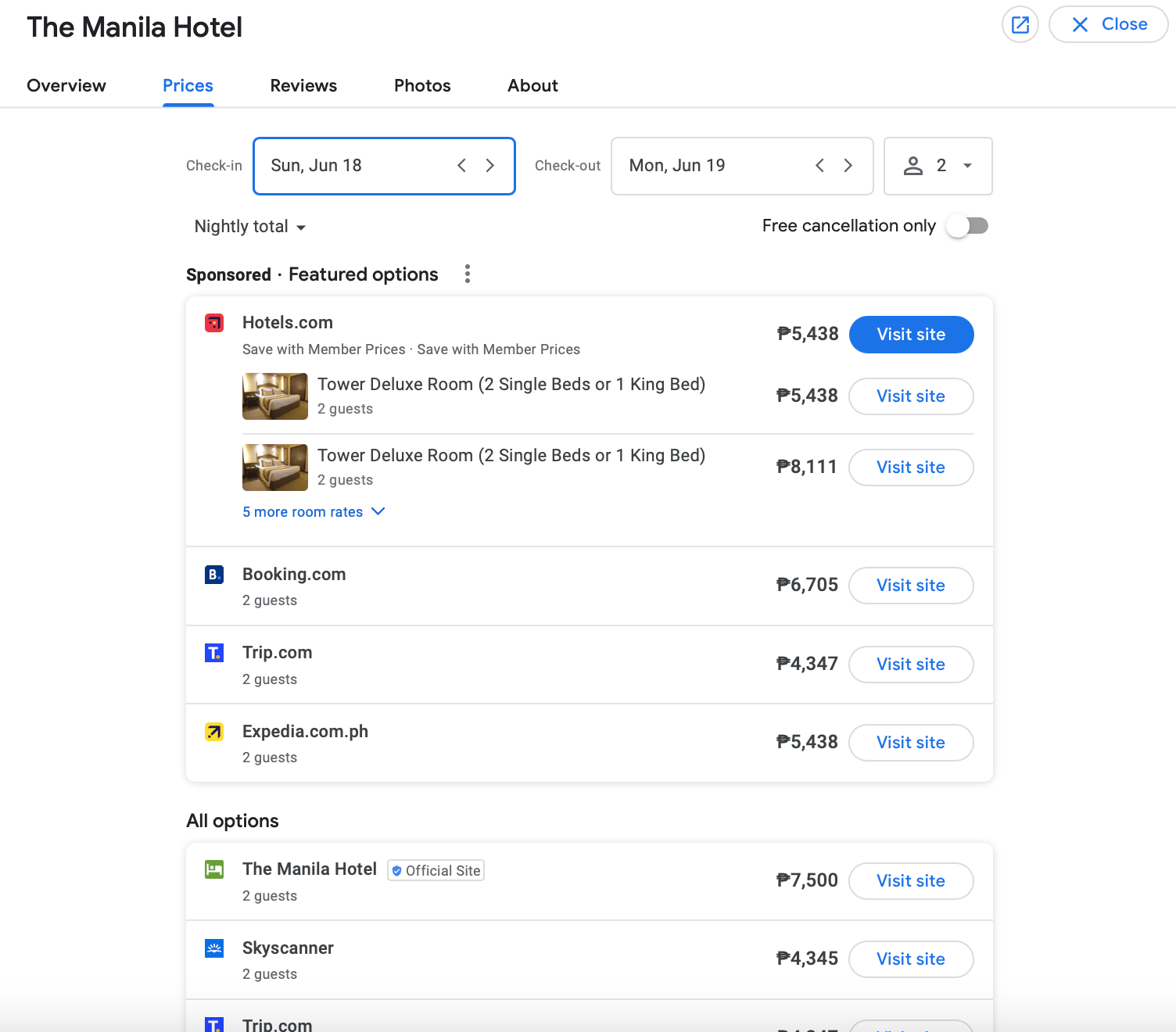 listino prezzi indicizzato da siti web di terze parti google hotel