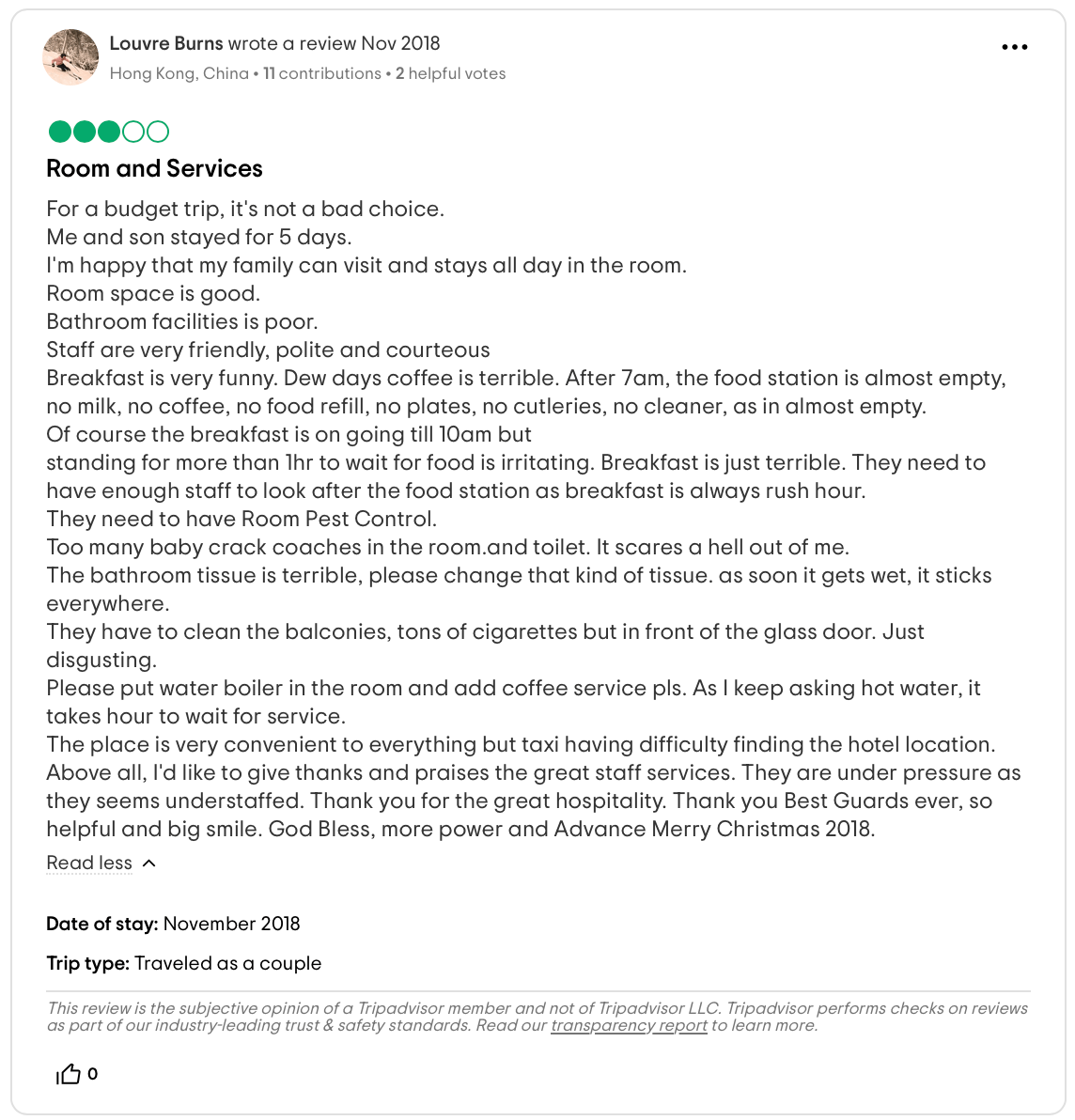 Avis TripAdvisor très détaillé