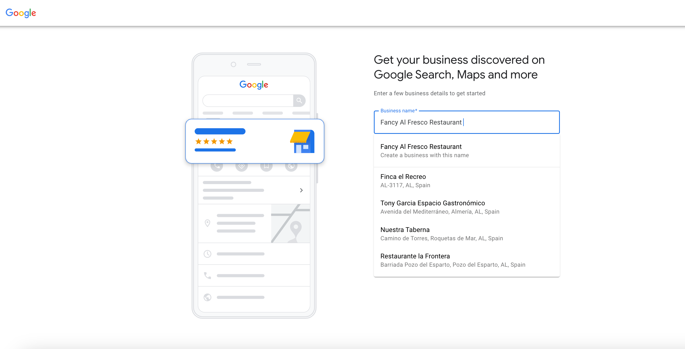 screenshot dell'aggiunta di un ristorante a Google My Business