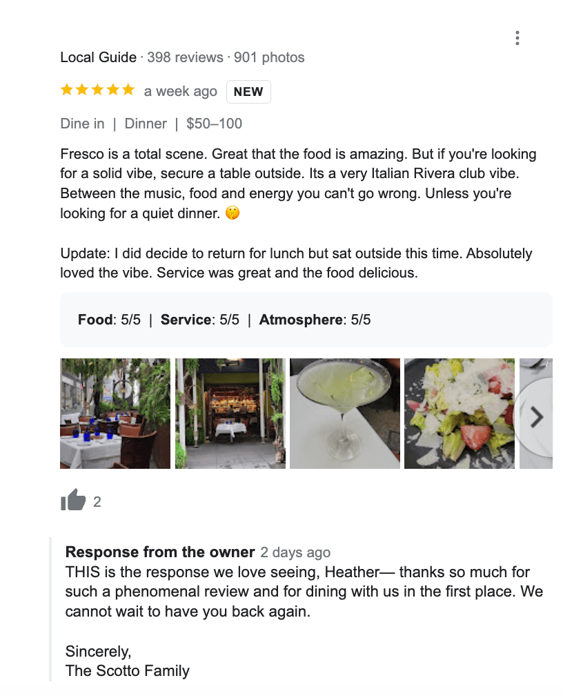 screenshot della recensione del ristorante di Google con risposta