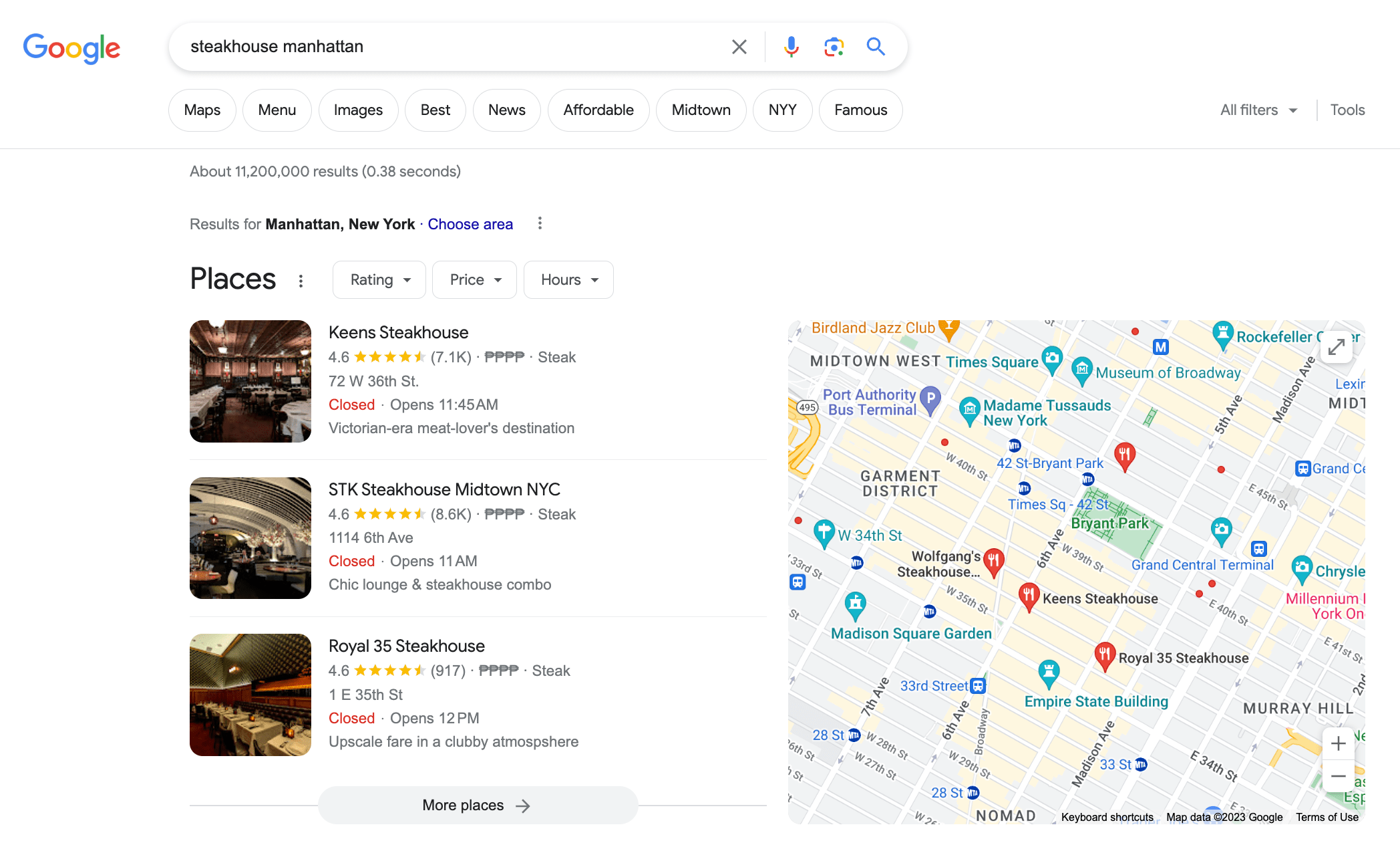 screenshot ricerca google steakhouse manhattan