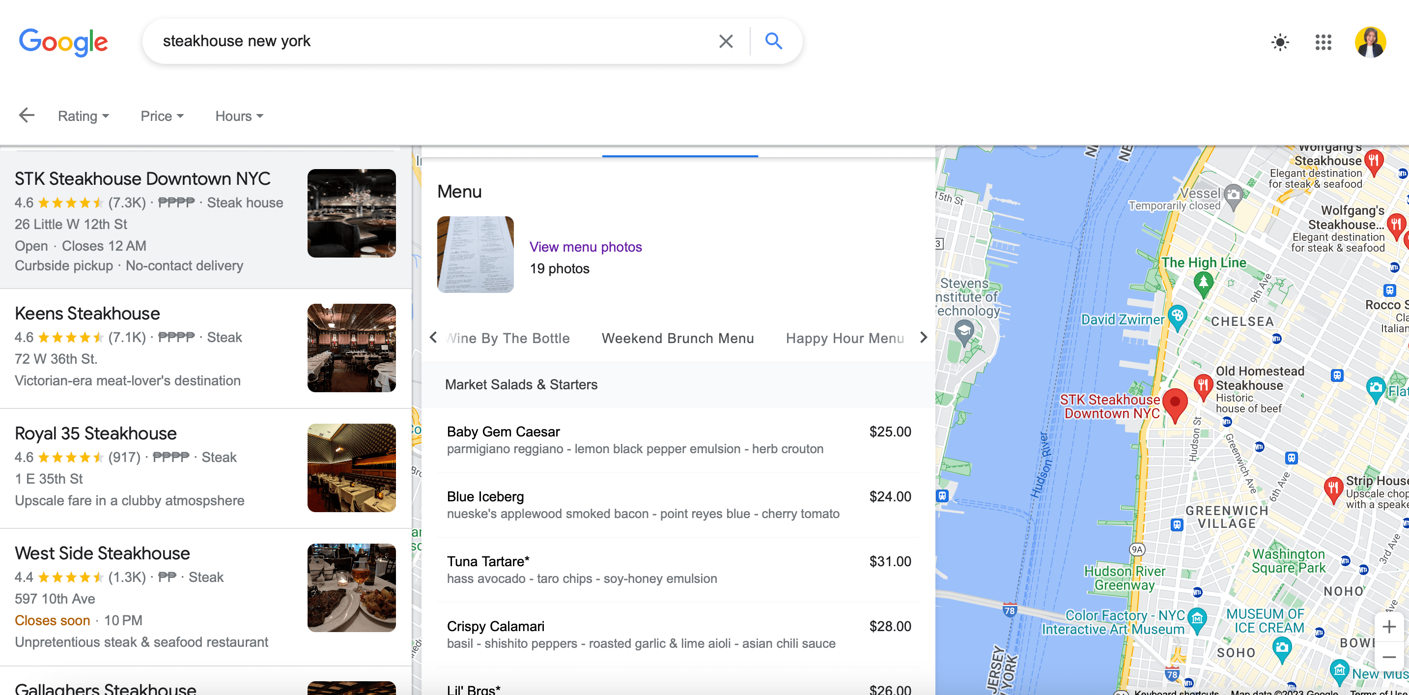 schermata della pagina del menu dell'elenco dei ristoranti di Google