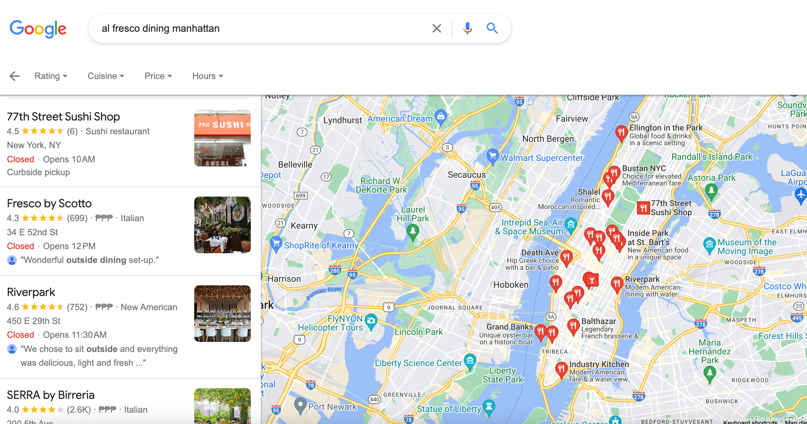 screenshot di esempio ricerca per parola chiave a coda lunga cena all'aperto manhattan