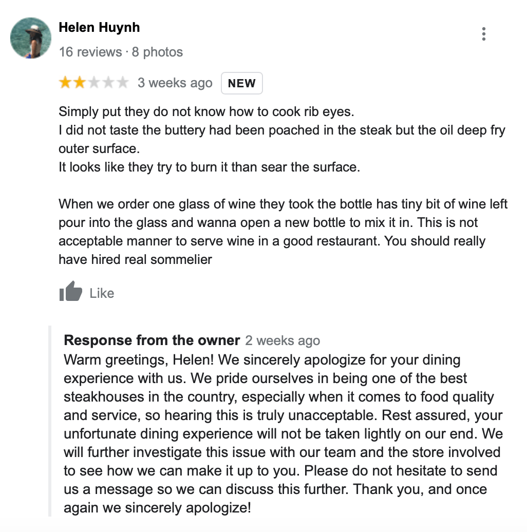 Google-Rezensionsantwort-Steakhouse