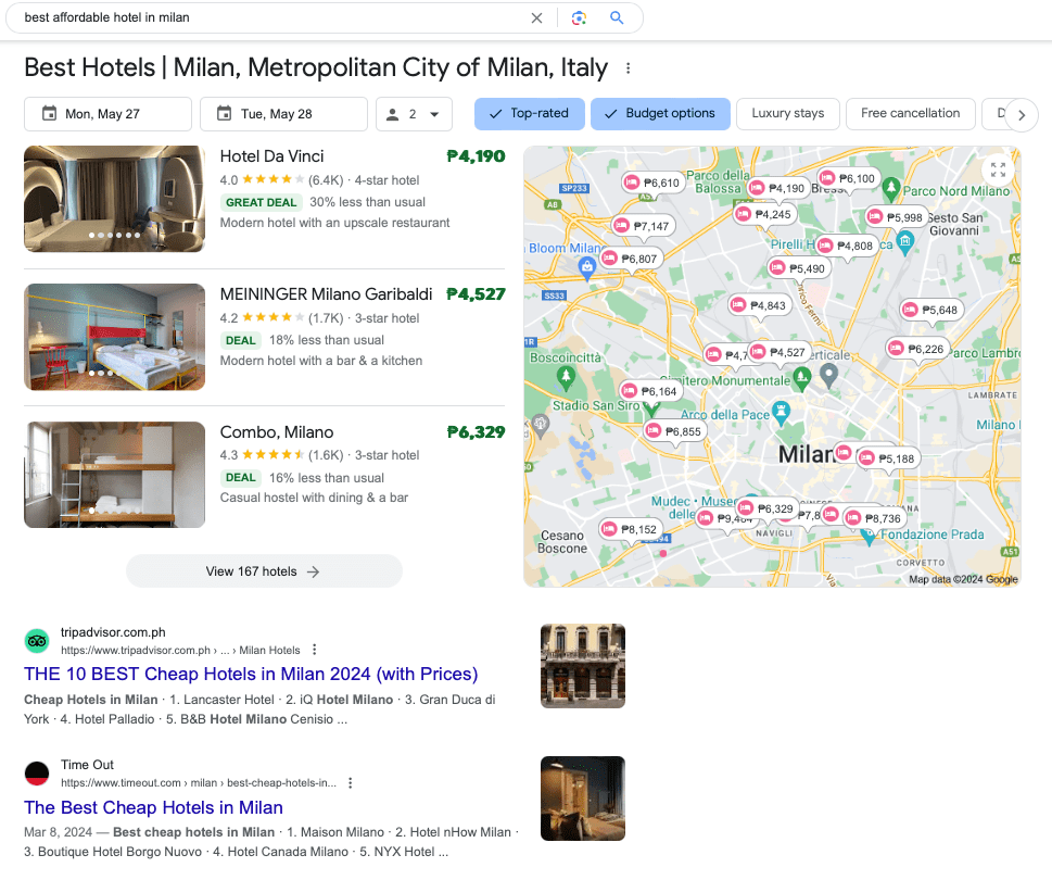 Captura de pantalla de los mejores hoteles de Milán