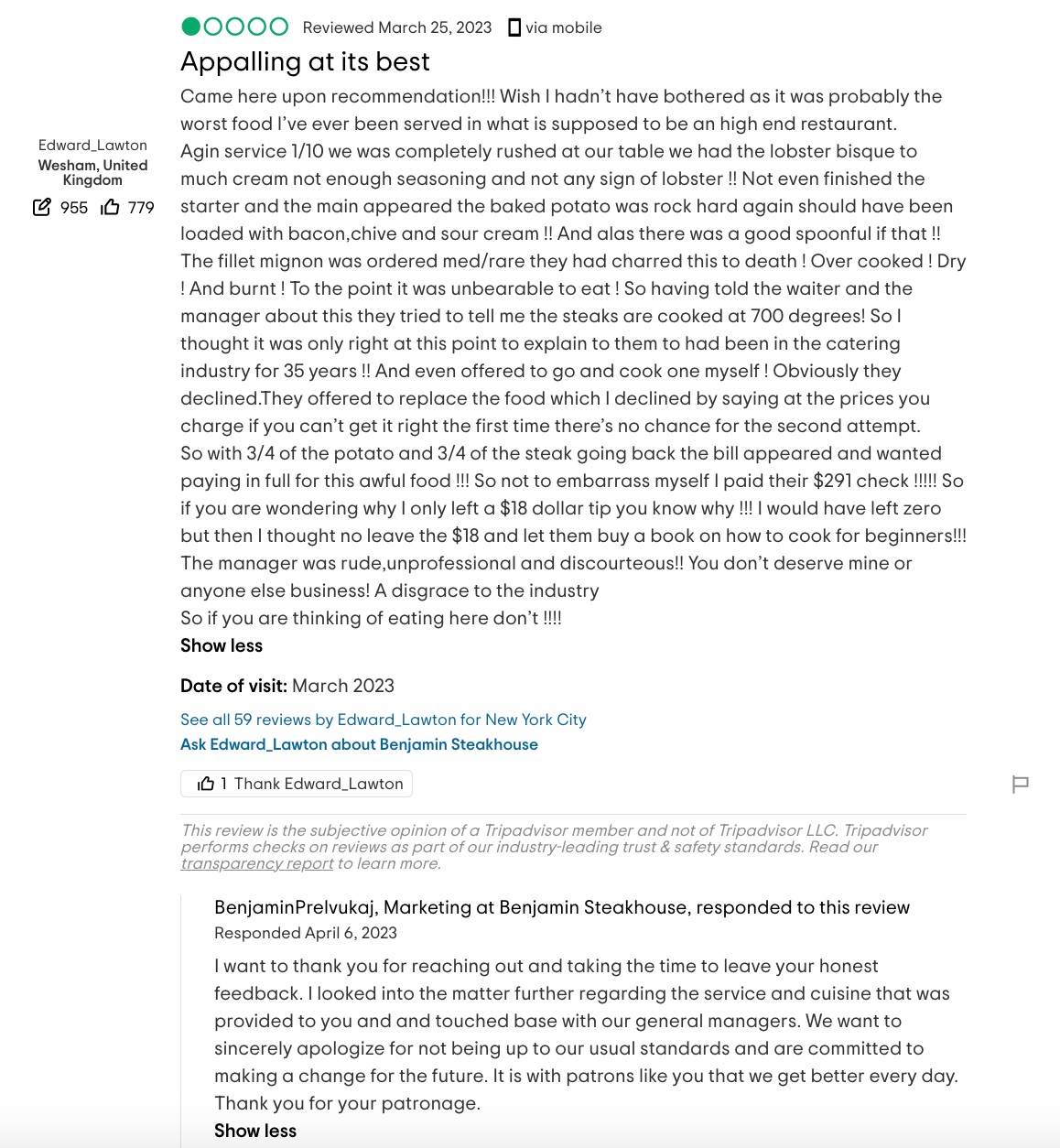 screenshot di esempio di recensione negativa di un ristorante su TripAdvisor