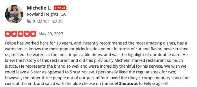 recensione di Yelp del personale del ristorante