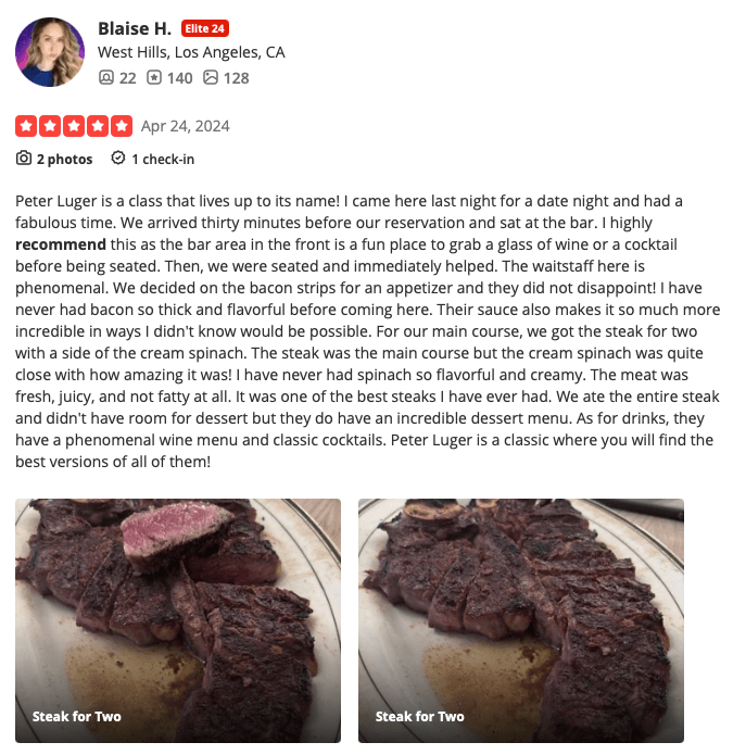 recensione di Yelp con raccomandazione
